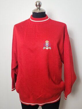 Vintage Red Crewneck Sweater with Embroidered Crest